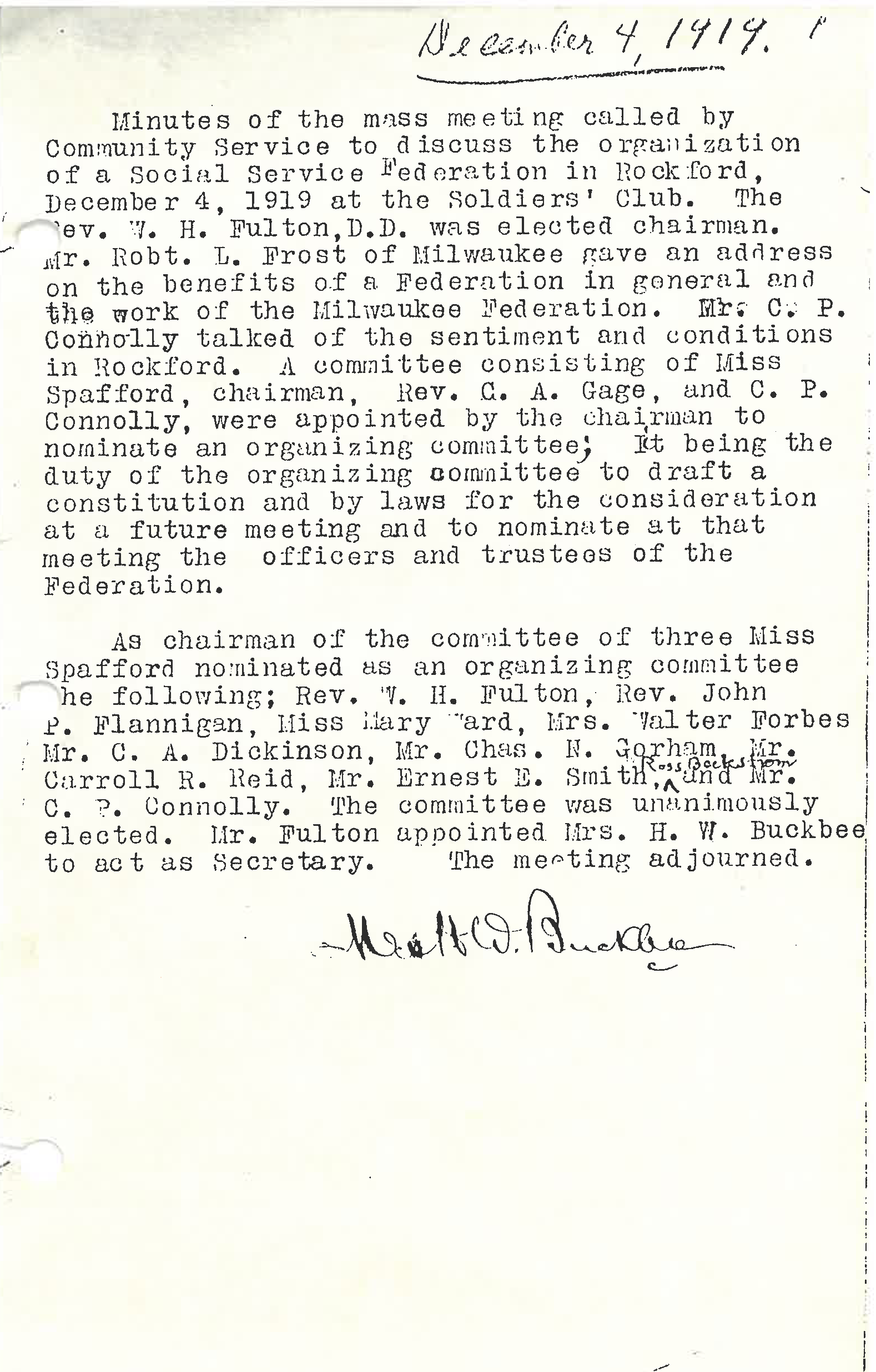 First ever meeting notes for Social Service Federation of Rockford