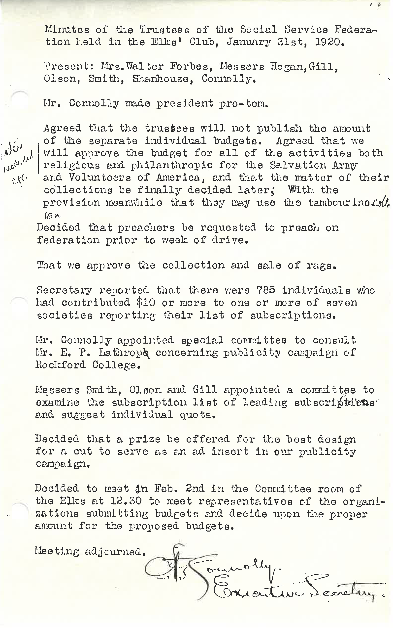 Meeting notesof the Social Service Federation from January, 1920