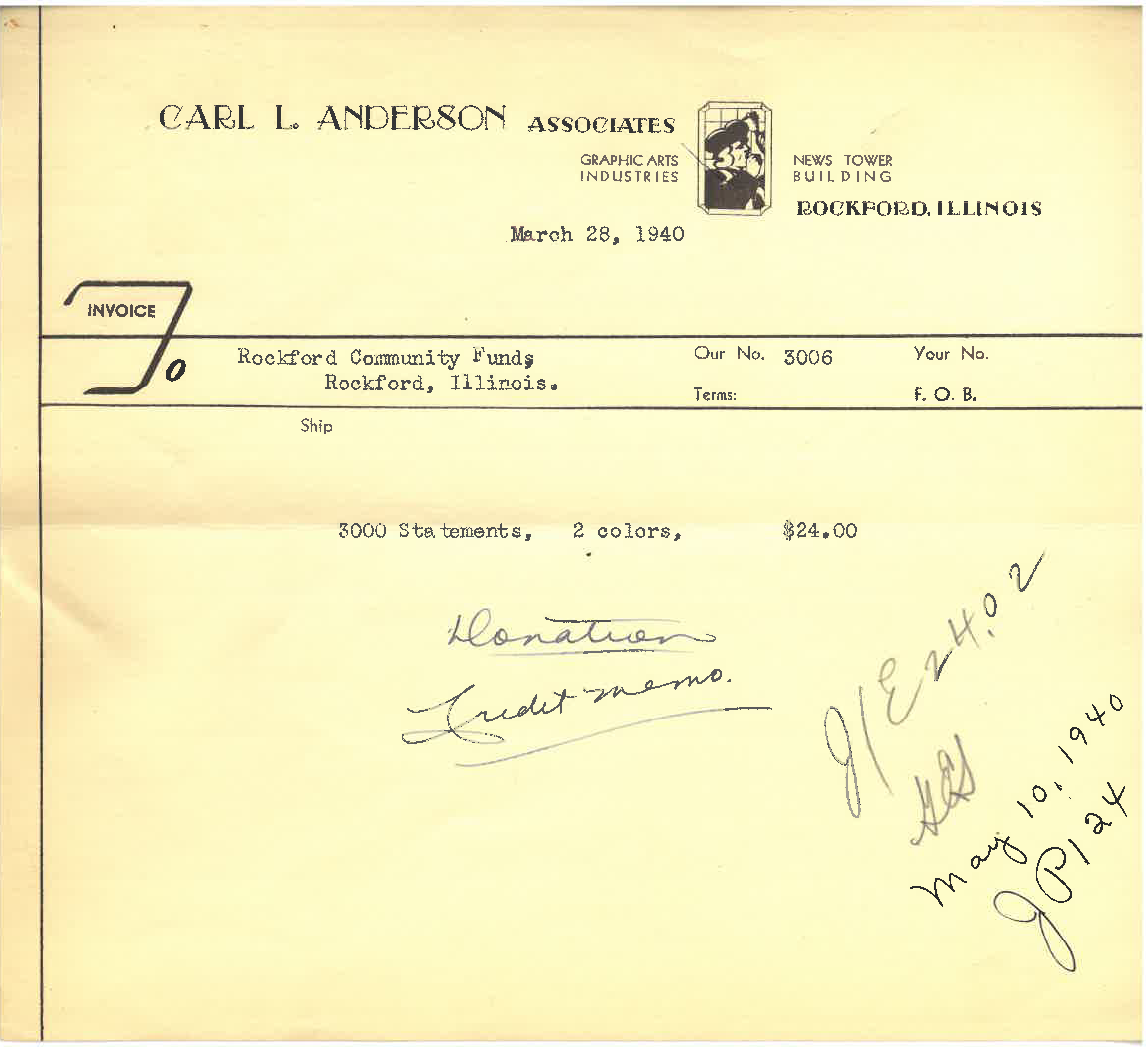 Carl L. Anderson Associates Invoice from 1940
