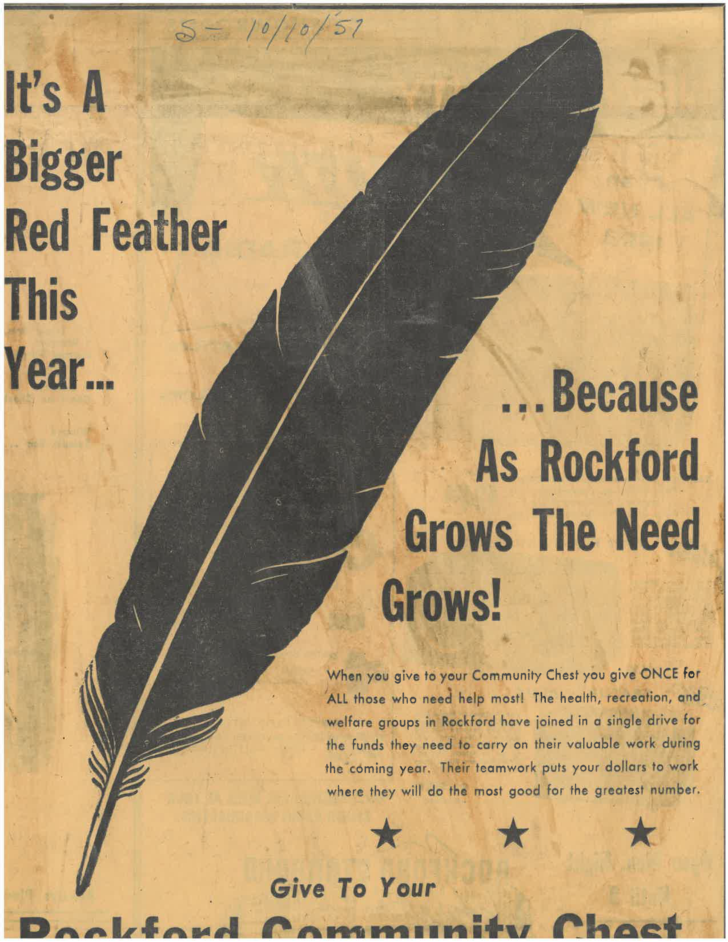 Partial clipping of a Red Feather Campaign ad for the Community Chest, 1957