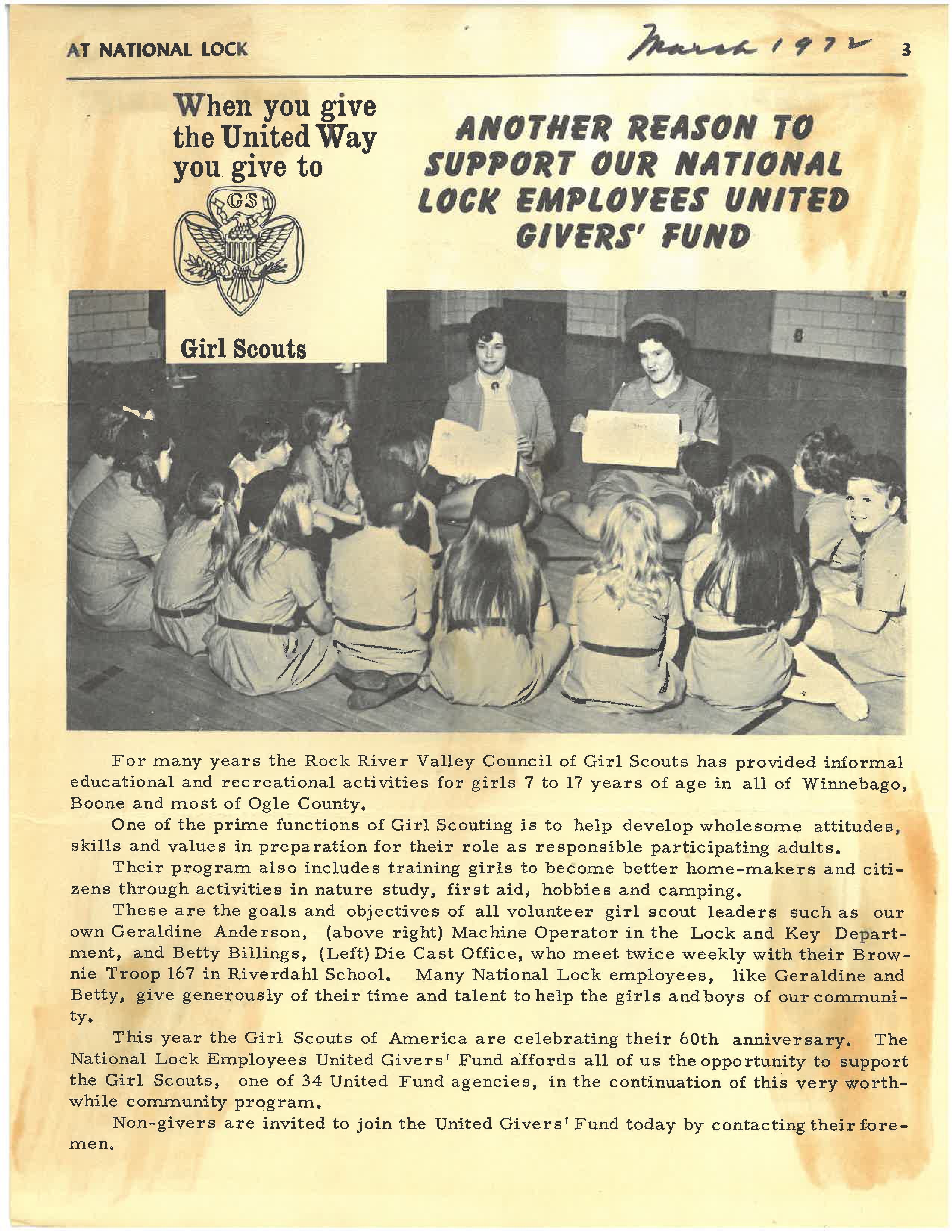 National Lock newsletter promoting United Way's support of the Girl Scouts, 1972